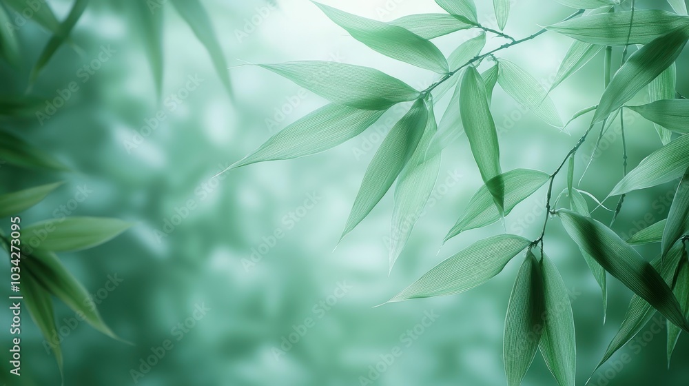 Fototapeta premium Delicate green leaves against a soft green background.