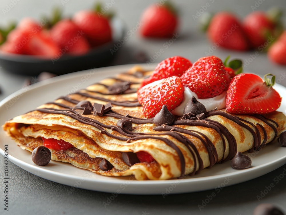 Delicious Crepes Filled with Cream and Chocolate Chips Topped with Fresh Strawberries Delicious Crepes Filled with Cream and Chocolate Chips Topped with Fresh Strawberries