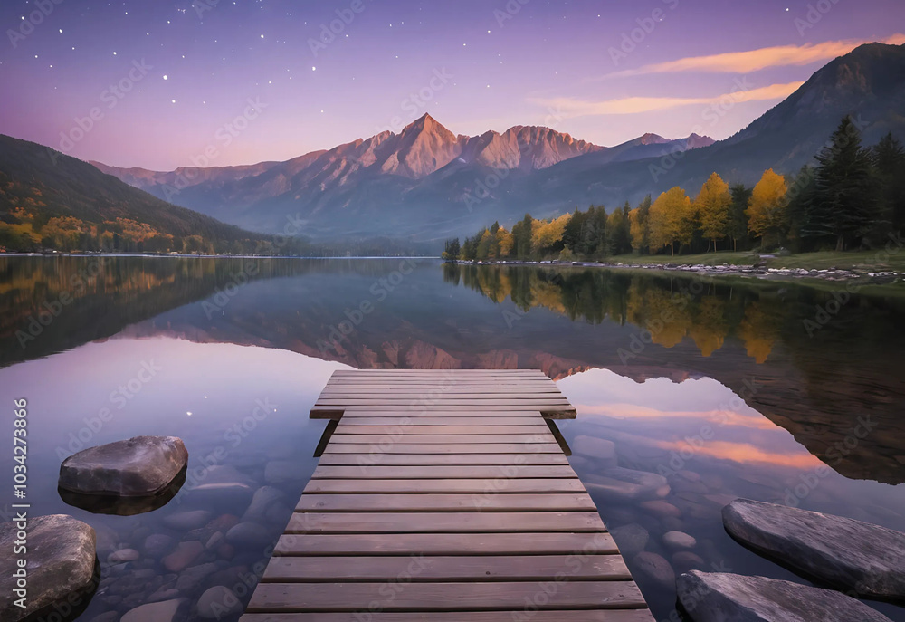 A serene dusk landscape featuring a calm lake reflecting orange and purple mountains. A wooden dock and benches create a dreamy atmosphere. A serene dusk landscape featuring a calm lake reflecting orange and purple mountains. A wooden dock and benches create a dreamy atmosphere.