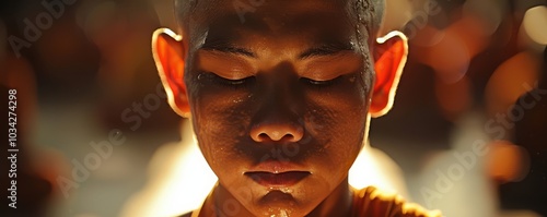 Young monk in traditional orange robes sitting in serene meditation by a vibrant wall, under a calm blue sky. Free copy space for text. photo