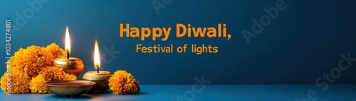 Happy Diwali Festival of Lights Banner with Marigold Flowers and Oil Lamps on Blue Background - High Resolution Flat Lay Stock Photo photo