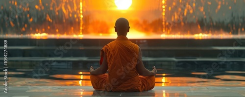 Young monk in traditional orange robes sitting in serene meditation by a vibrant wall, under a calm blue sky. Free copy space for text. photo