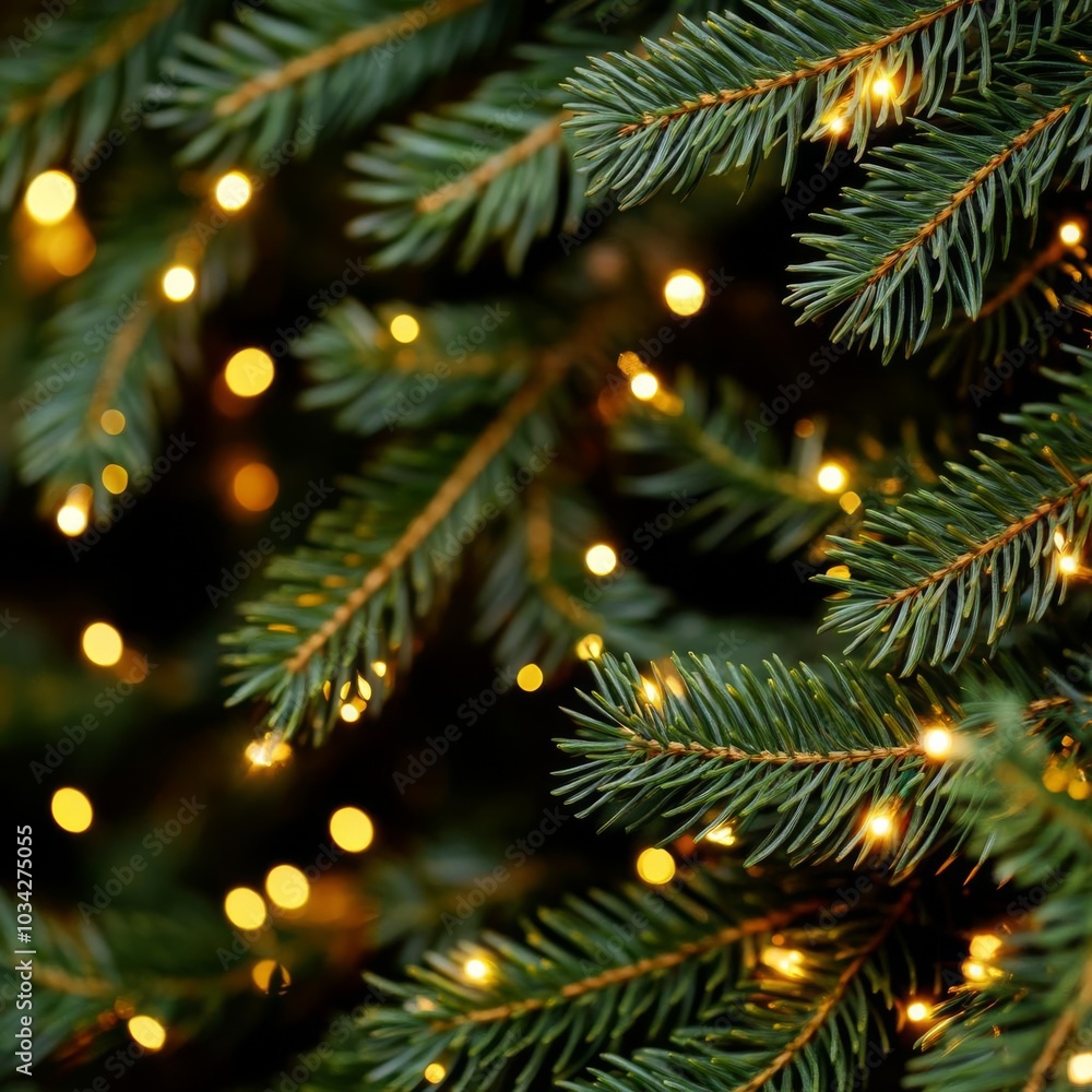 Close-up pine branches, golden sparkle lights, winter wonderland ambiance Close-up pine branches, golden sparkle lights, winter wonderland ambiance