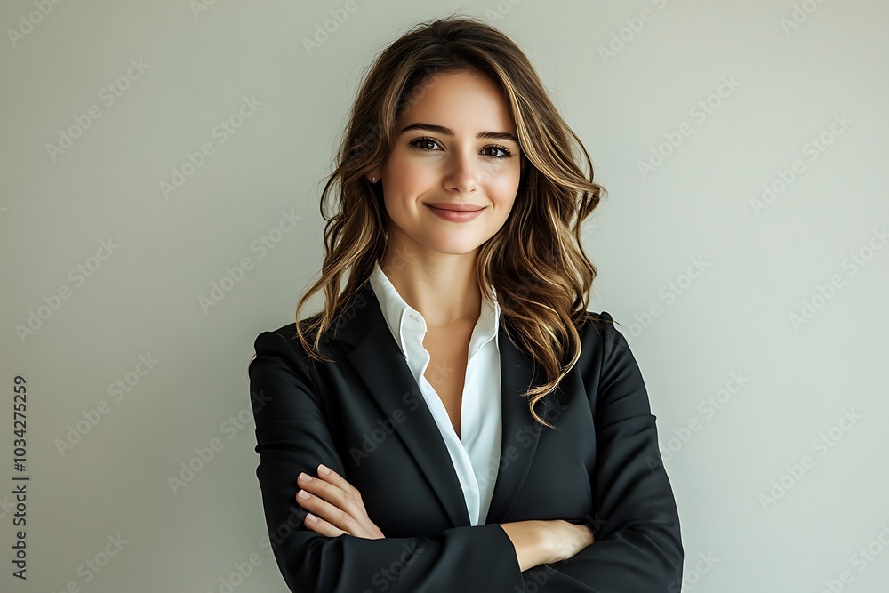 Smiling Businesswoman in Black Suit, Confident and Capable Smiling Businesswoman in Black Suit, Confident and Capable