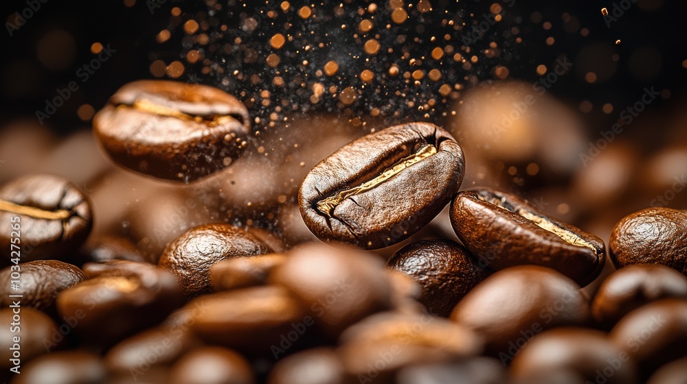 Floating Coffee Beans with Sparks in Dark Background Floating Coffee Beans with Sparks in Dark Background