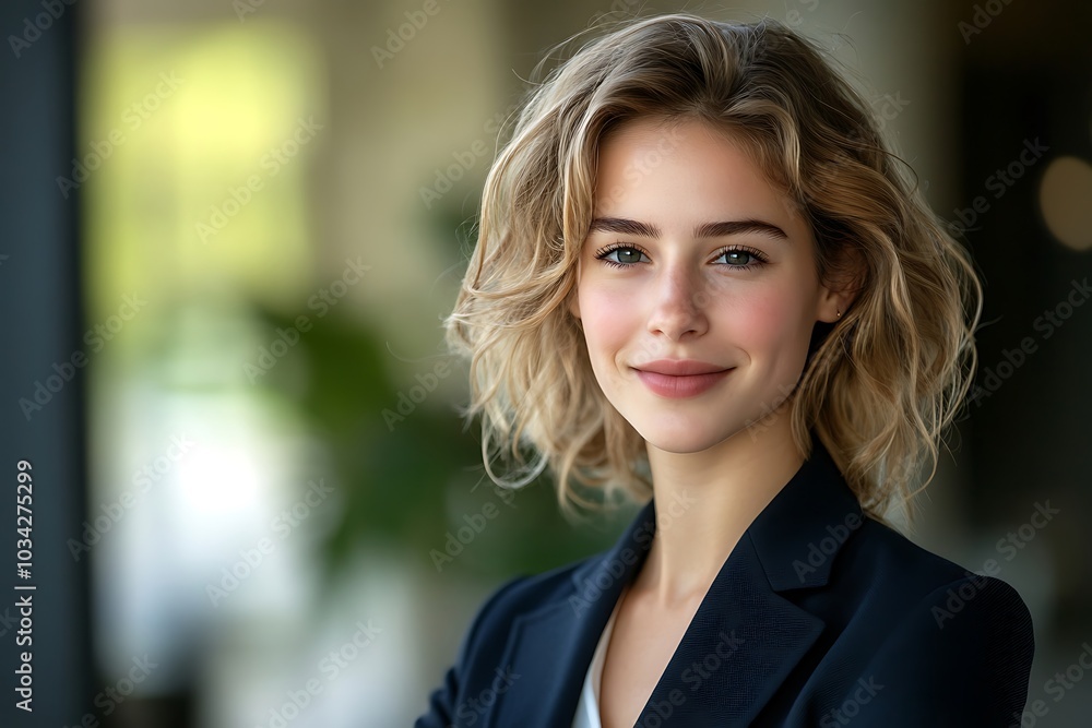 Smiling Businesswoman in Blazer with Green Foliage Background. Smiling Businesswoman in Blazer with Green Foliage Background.