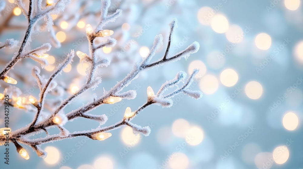 Frosted tree branches with tiny warm lights, intricate details, festive warmth Frosted tree branches with tiny warm lights, intricate details, festive warmth