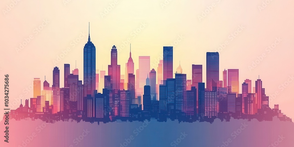 Vibrant city skyline silhouette at sunset, showcasing diverse architecture with a colorful gradient background. Vibrant city skyline silhouette at sunset, showcasing diverse architecture with a colorful gradient background.