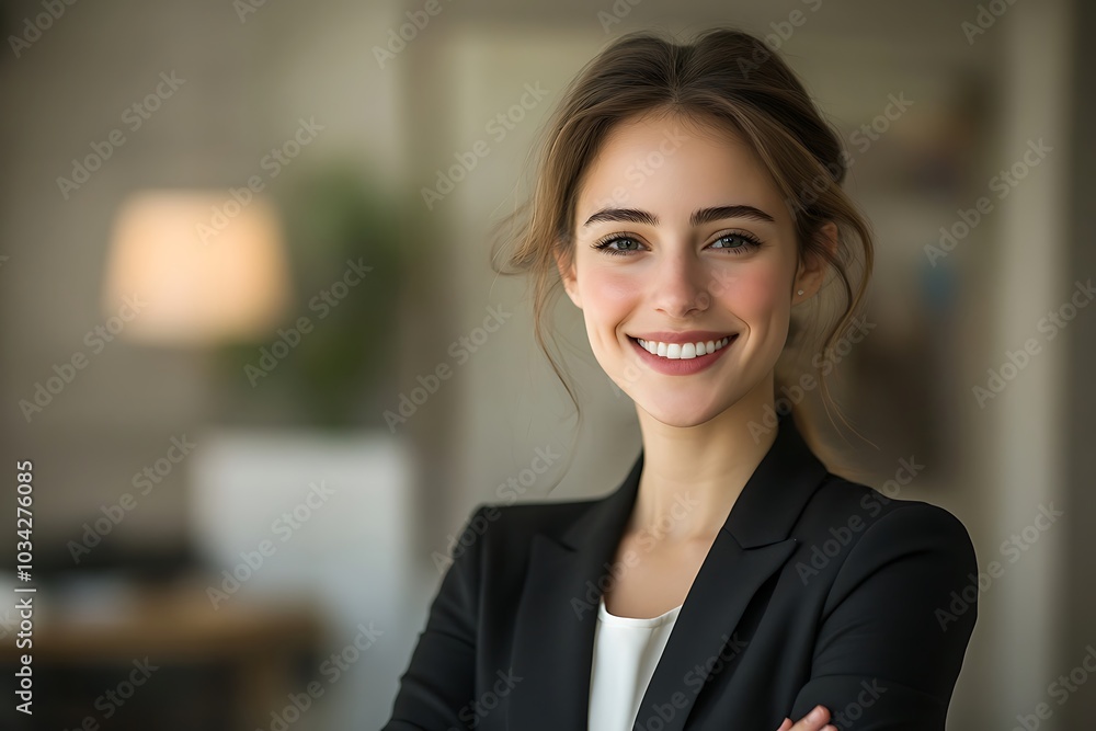 Smiling Businesswoman in Elegant Office Attire Smiling Businesswoman in Elegant Office Attire