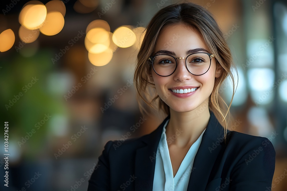 Smiling Businesswoman in Glasses and Blazer, Bright Background Smiling Businesswoman in Glasses and Blazer, Bright Background