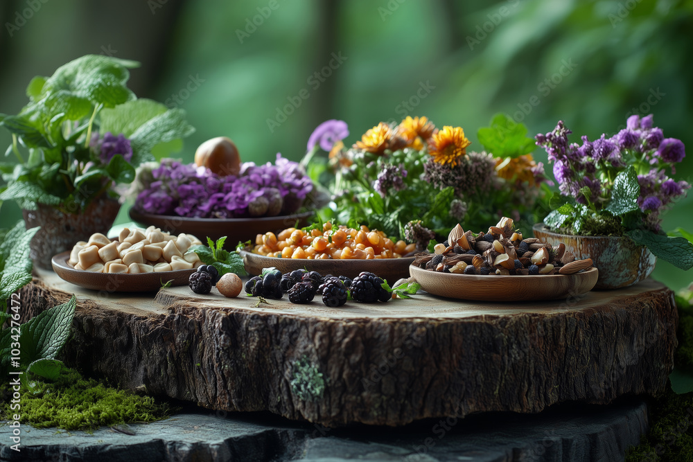 Artful display of wild food dishes surrounded by vibrant forest greenery Artful display of wild food dishes surrounded by vibrant forest greenery