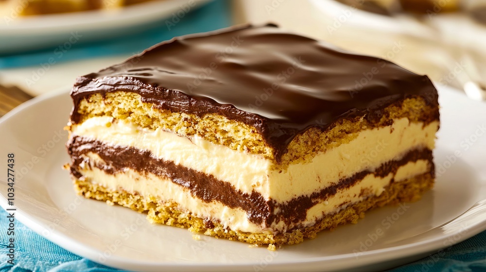 A piece of cake on a white plate on a table A piece of cake on a white plate on a table