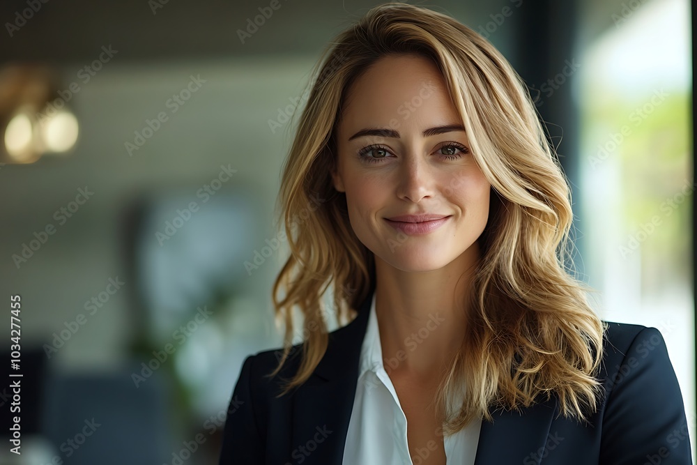 Smiling Businesswoman in Office Setting with Natural Lighting. Smiling Businesswoman in Office Setting with Natural Lighting.