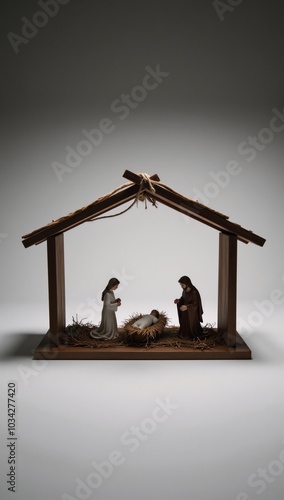 An empty manger featuring a nativity-themed display photo