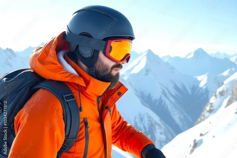 Man Skier in Ski Mask and jacket standing in Snowy Mountains. Male Alpine Skier, concept of Sports and Active Winter Recreation Man Skier in Ski Mask and jacket standing in Snowy Mountains. Male Alpine Skier, concept of Sports and Active Winter Recreation