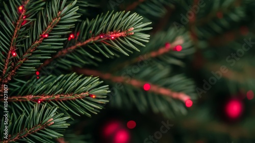 Pine branches with red sparkle lights, close-up, warm and cozy