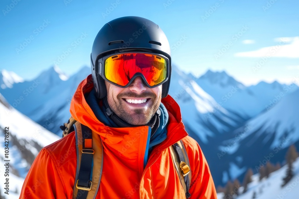 Portrait of Happy Man Alpine Skier in Ski Mask and jacket, Male Skier in Snow-covered Mountains. Winter Sports and Active Lifestyle Concept Portrait of Happy Man Alpine Skier in Ski Mask and jacket, Male Skier in Snow-covered Mountains. Winter Sports and Active Lifestyle Concept