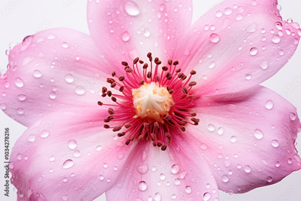 Elegant pink flower head with dewdrops visible on the petals isolated on a white background. Elegant pink flower head with dewdrops visible on the petals isolated on a white background.