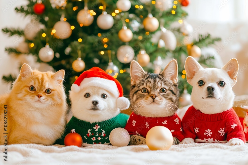 A group of three cats and a dog wearing Christmas sweaters in front of a Christmas tree A group of three cats and a dog wearing Christmas sweaters in front of a Christmas tree