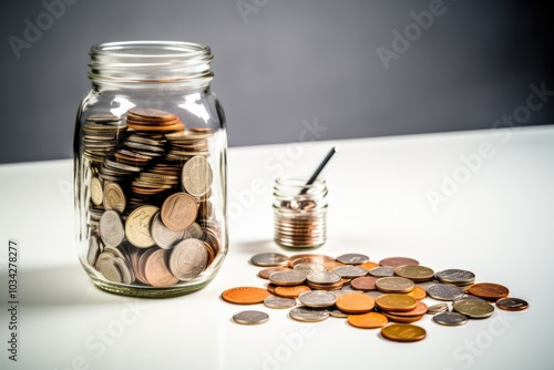 Financial planner's desk with documents, a calculator, and a jar of coins on a white surface, highlighting the concept of managing investments and saving money photo