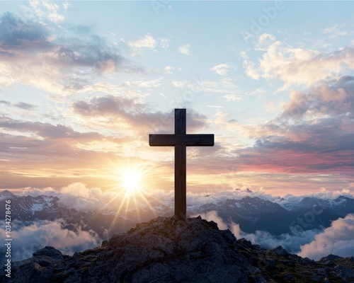 Serene Sunset Vista Majestic Wooden Cross on Rocky Peak, Dramatic Sky Spiritual Tranquility and Reverence Concept