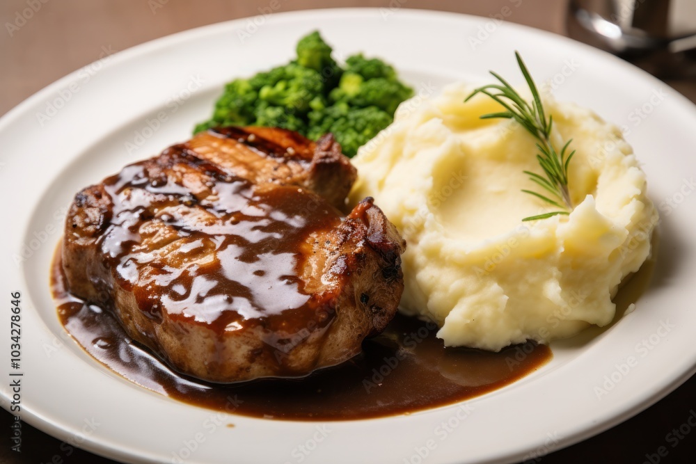 Hearty pork chops covered in thick gravy, arranged on a pristine white surface with a side of mashed potatoes Hearty pork chops covered in thick gravy, arranged on a pristine white surface with a side of mashed potatoes