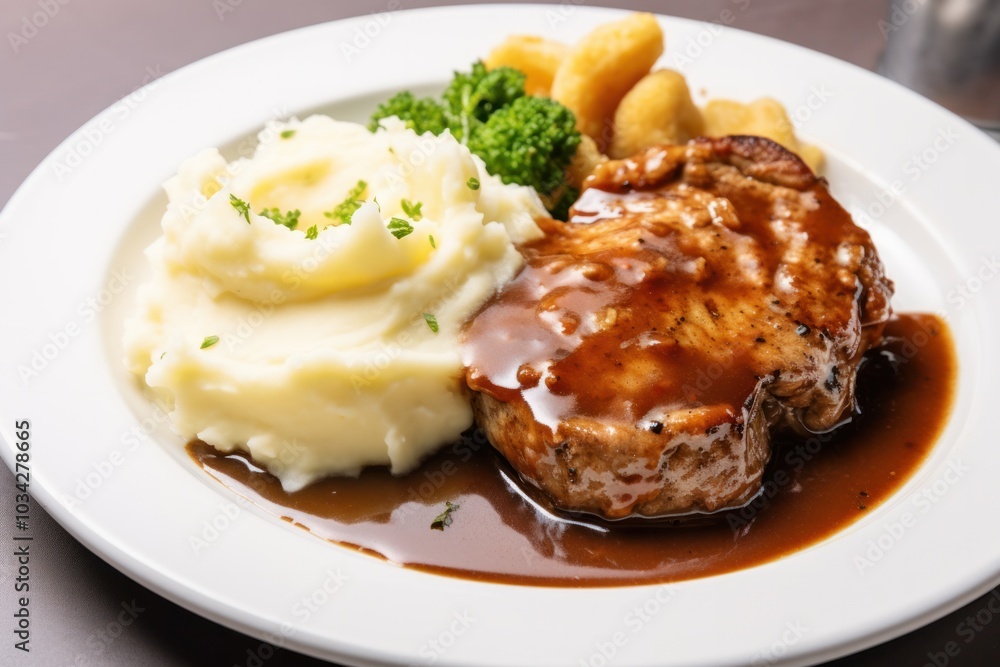 Hearty pork chops covered in thick gravy, arranged on a pristine white surface with a side of mashed potatoes Hearty pork chops covered in thick gravy, arranged on a pristine white surface with a side of mashed potatoes