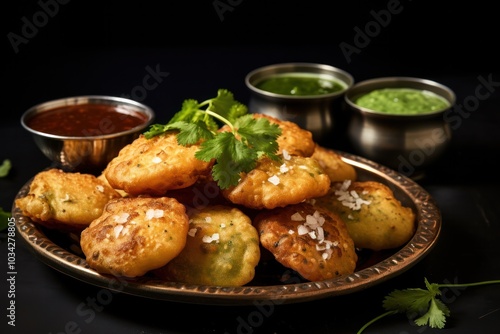 Kachoris with a flaky, textured crust served with a dollop of mint chutney and a drizzle of tamarind chutney on a white backdrop