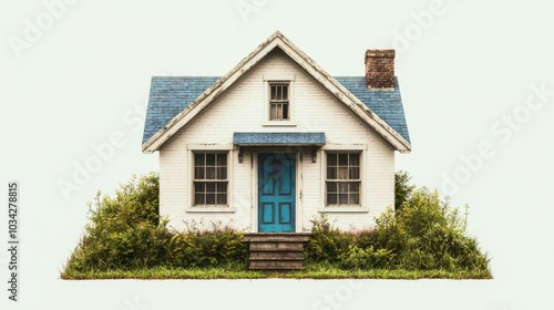 Tranquil Blue Door House in Isolated Setting - Nostalgic Home Concept with Overgrown Greenery