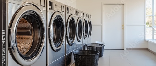 Sleek Silver Washing Machines in Minimalist Laundry Facility with Natural Light, Commercial Laundry Concept photo