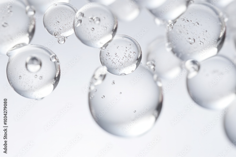 Macro shot of spherical hyaluronic acid bubbles with smooth surfaces suspended in clear gel isolated on white background Macro shot of spherical hyaluronic acid bubbles with smooth surfaces suspended in clear gel isolated on white background