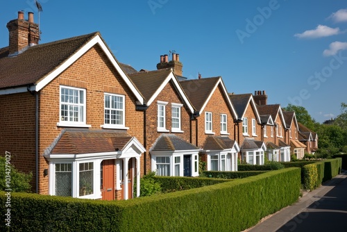 Charming Row of Brick Houses in Suburban Serenity - Symmetrical Perspective with Warm Tones and Lush Greenery for Real Estate, Architectural Design, and Travel Concepts