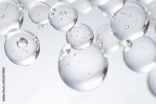 Macro shot of spherical hyaluronic acid bubbles with smooth surfaces suspended in clear gel isolated on white background