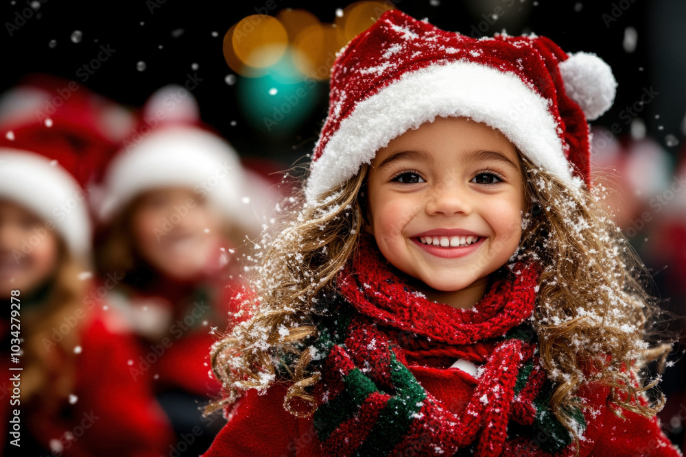 Winter Scene From A Christmas Parade, With Snow Gently Falling As Participants In Holiday Costumes Dance And Spread Cheer While Colorful Balloons Float Above The Crowd Winter Scene From A Christmas Parade, With Snow Gently Falling As Participants In Holiday Costumes Dance And Spread Cheer While Colorful Balloons Float Above The Crowd