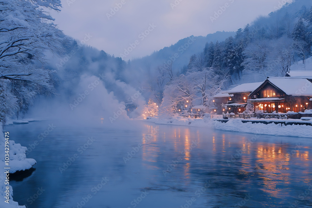 Fototapeta premium Twilight enchantment as steam rises from hot springs near a serene river