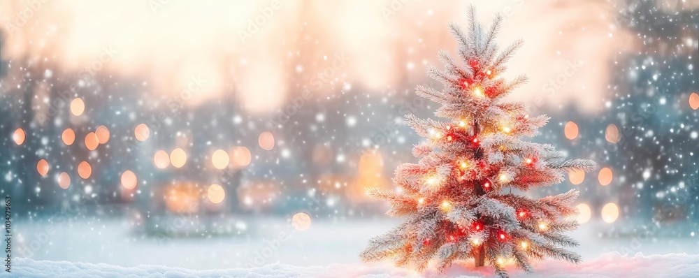 Pine tree with red and white lights, snowy backdrop, warm glow Pine tree with red and white lights, snowy backdrop, warm glow