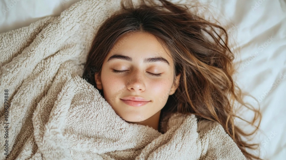 Woman sleeping. High angle view of beautiful young woman lying in bed and keeping eyes closed while covered with blanket. Stock photo Woman sleeping. High angle view of beautiful young woman lying in bed and keeping eyes closed while covered with blanket. Stock photo