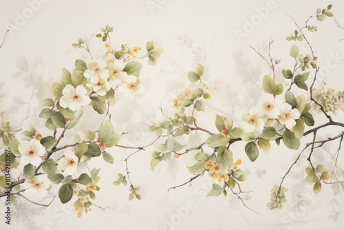 Subtle floral motif with delicate vines, blossoms, and foliage in muted shades on a bright white canvas
