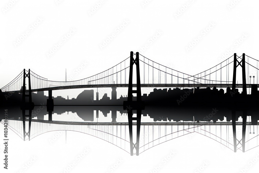 Suspension bridge silhouette with cables and towers, emphasizing the clean lines and engineering elegance, isolated on white background. Suspension bridge silhouette with cables and towers, emphasizing the clean lines and engineering elegance, isolated on white background.