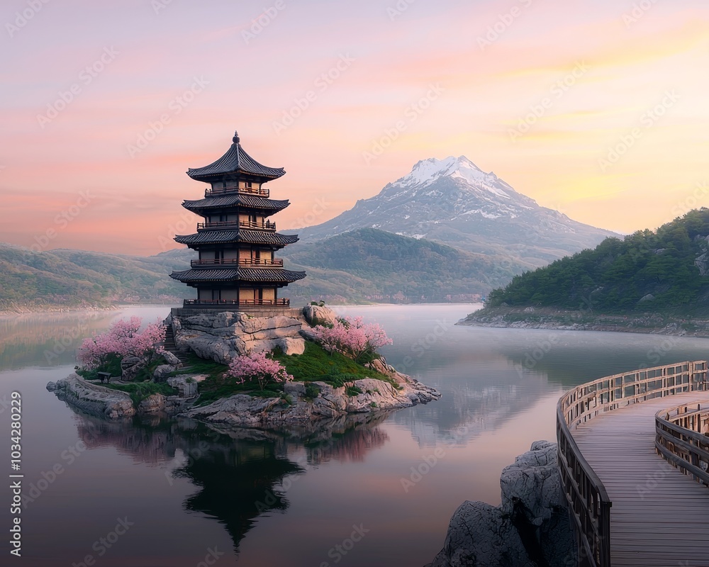 Obraz premium Serene East Asian Pagoda Tranquil Lake Oasis with Majestic Mountains - Calmness and Beauty in Harmony