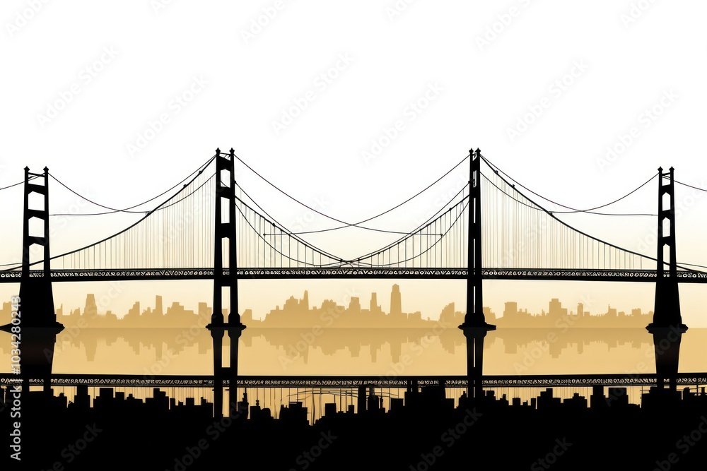 Obraz premium Suspension bridge silhouette with cables and towers, emphasizing the clean lines and engineering elegance, isolated on white background.