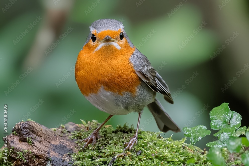Vibrant European Robin Close-up on Moss-Covered Log in Forest - Tranquil Wildlife Photography Vibrant European Robin Close-up on Moss-Covered Log in Forest - Tranquil Wildlife Photography
