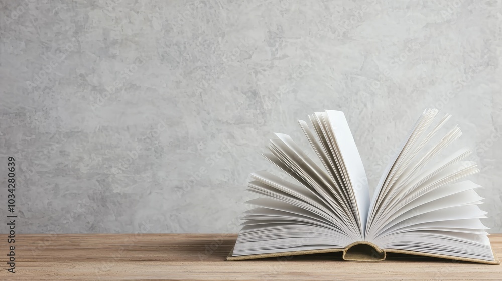 Serene Open Book on Wooden Surface with Textured Gray Background - Minimalist Knowledge Concept