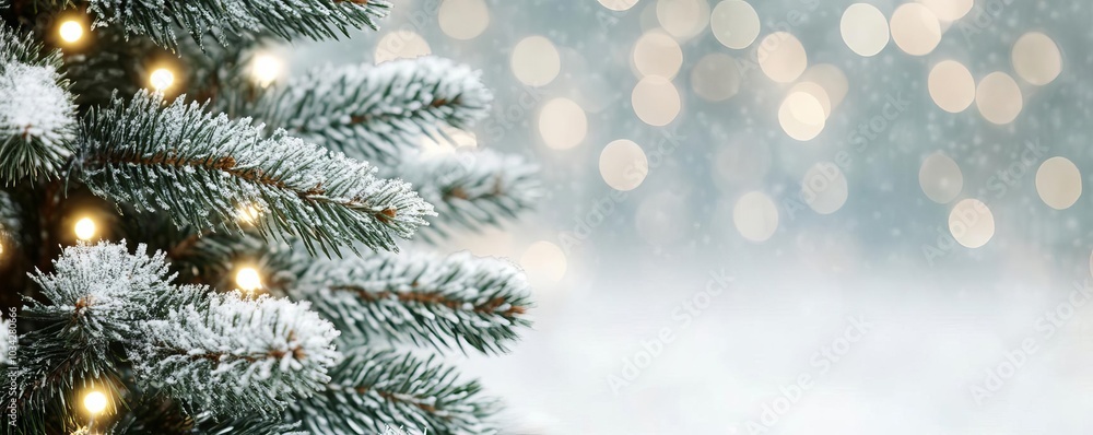 Snowy pine tree with warm white lights, soft focus, peaceful ambiance Snowy pine tree with warm white lights, soft focus, peaceful ambiance