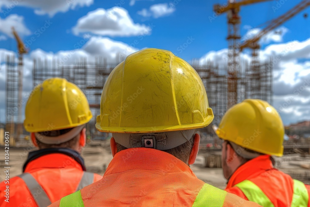 Construction workers observing site progress under a bright, blue sky. Construction workers observing site progress under a bright, blue sky.