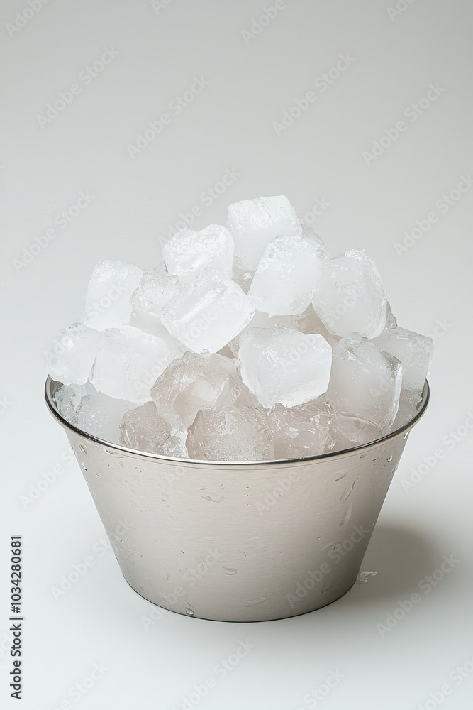 Glacial Elegance Shimmering Silver Metal Bowl of Ice Cubes on White Background - Refreshing Coolness, Minimalist Chic Glacial Elegance Shimmering Silver Metal Bowl of Ice Cubes on White Background - Refreshing Coolness, Minimalist Chic