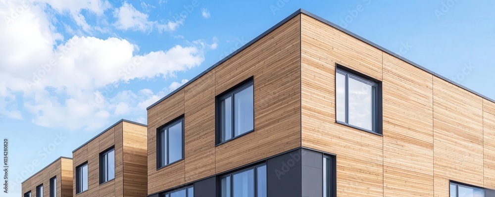 Modern wooden building with large windows under a blue sky. Modern wooden building with large windows under a blue sky.
