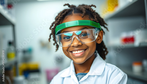 Portrait of smiling african american elementary schoolgirl wearing protective eyewear in laboratory isolated with white highlights, png