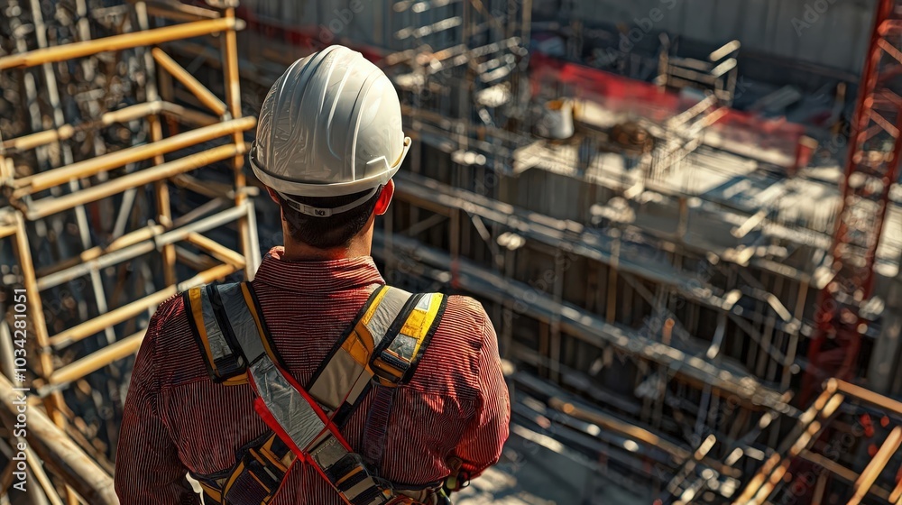 Construction worker observing a building site with equipment and scaffolding. Construction worker observing a building site with equipment and scaffolding.