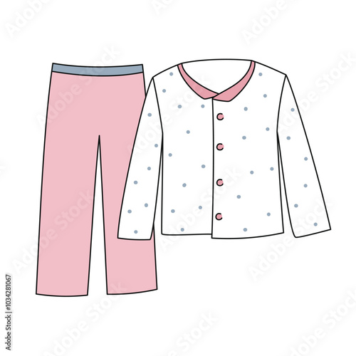 Female pajamas vector illustration. Buttoned pajamas flat drawing template. Pink pajamas fashion Illustration. Clothes with gray polka dots. Long sleeve, front view.